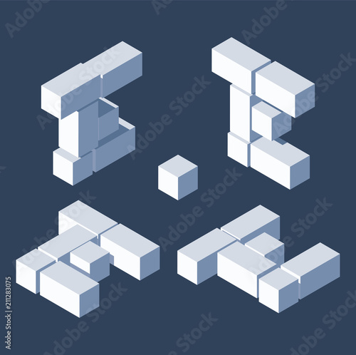 Isometric letters E in varions views. Made with 3d blocks and cubes