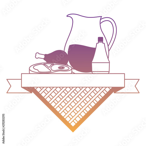 picnic food emblem with lemonade pitcher and related icons over white background, vector illustration
