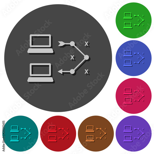Traceroute remote computer icons with shadows on round backgrounds