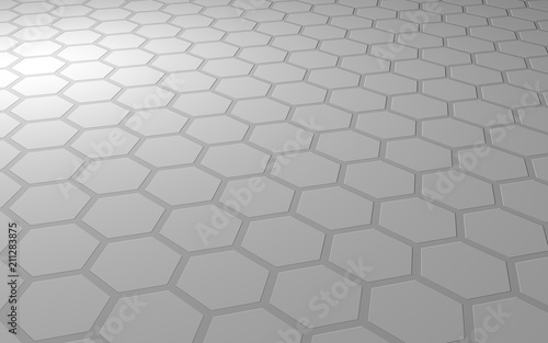 Honeycomb on a gray background. Perspective view on polygon look like honeycomb. Extruded (bump) cell. Isometric geometry. 3D illustration © Plastic man