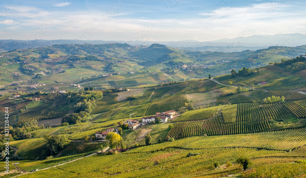Langhe e Roero vineyards hills landscape, Barolo, Dolcetto, Barcaresco wine. Cuneo province,Piedmont, Italy.