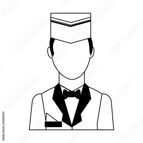 hotel staff bellboy in uniform portrait vector illustration black and white