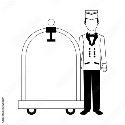 hotel service bellboy with luggage trolley vector illustration black and white