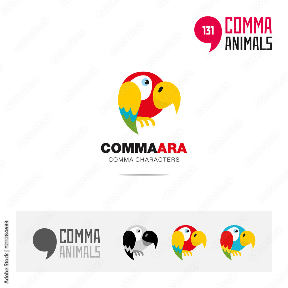 Ara parrot bird concept icon set and modern brand identity logo template and app symbol based on comma sign