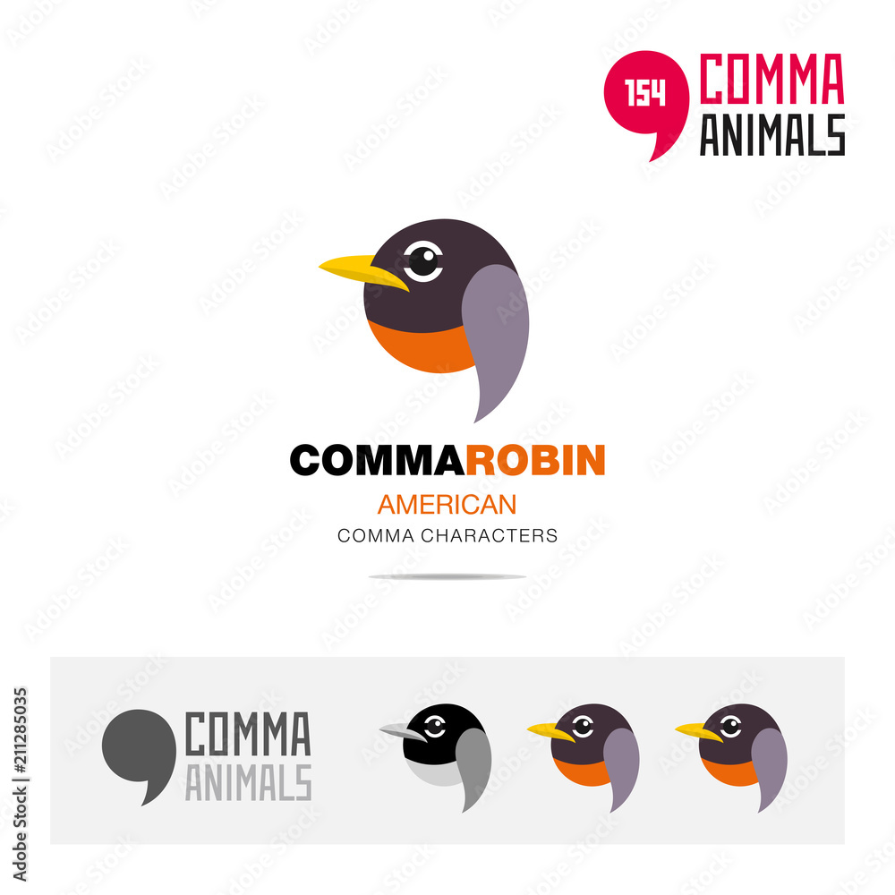 American Robin bird concept icon set and modern brand identity logo template and app symbol based on comma sign
