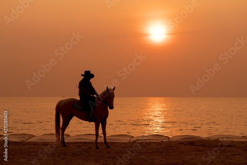 Horse riding on the beach at sunset © tanatat
