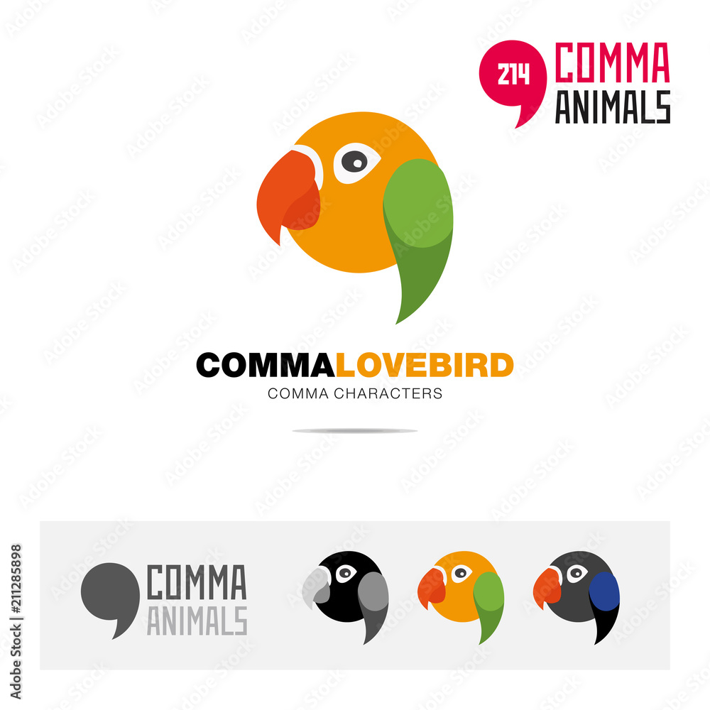 Lovebird parrot bird concept icon set and modern brand identity logo template and app symbol based on comma sign