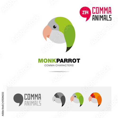 Monk parrot bird concept icon set and modern brand identity logo template and app symbol based on comma sign
