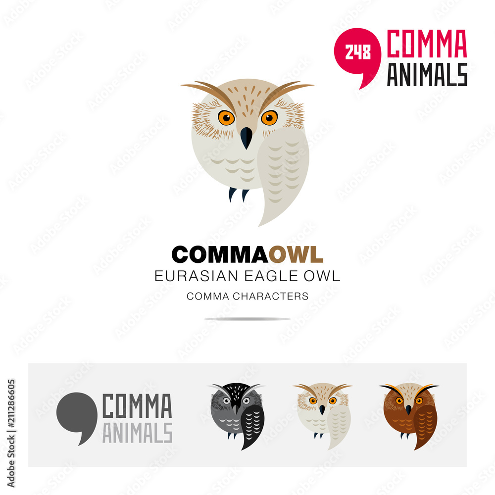 Eurasian Eagle Owl bird concept icon set and modern brand identity logo template and app symbol based on comma sign
