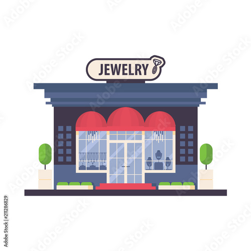Fototapeta Naklejka Na Ścianę i Meble -  Vector store front of fashion woman boutique jewelry. Flat facade with red awnings and silhouettes of gems, necklace and choker in the window.