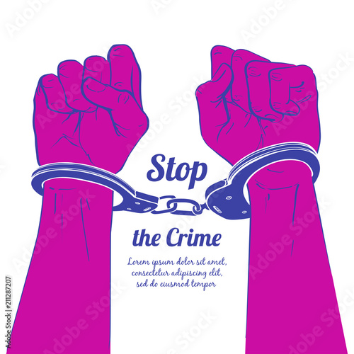 Handcuffs on the hands. Sketch vector illustration