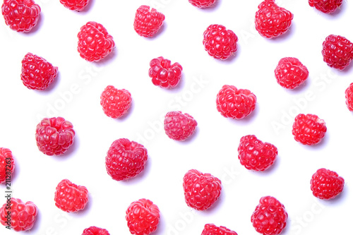 Bunch of fresh organic raspberry berries in seamless ornament pattern, white background. Clean eating concept. Healthy nutritious vegan snack, tasty raw diet. Close up, copy space, top view, flat lay.