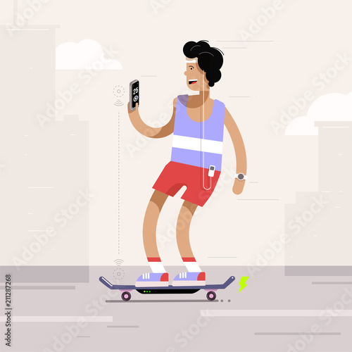 Young man riding electric skateboard in the city. Vector illustration