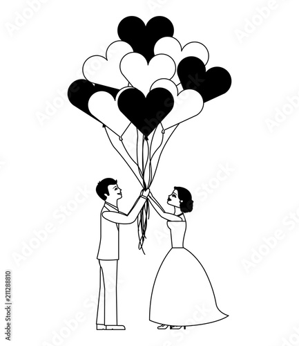 married couple and balloons helium with shape heart vector illustration design