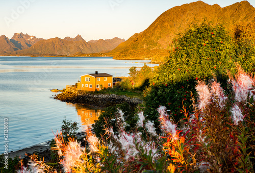 Lofoten - Panorama in Nordnorwegen, Blick auf die Rorbuer (Rorbu) im Fjord photo