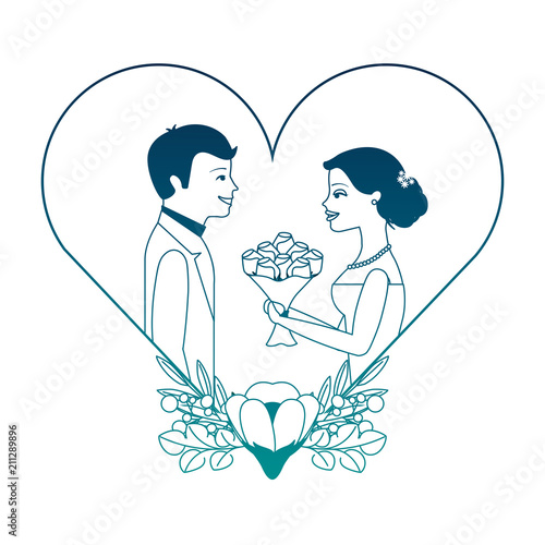 married couple with floral decoration in heart vector illustration design