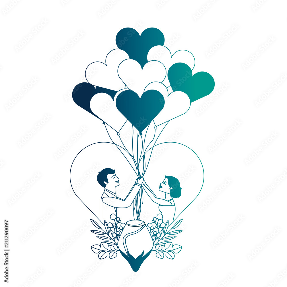married couple with rose flower in heart and balloons helium vector illustration design married couple with rose flower in heart and balloons helium vector illustration design