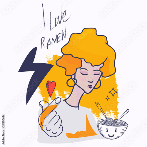 I love Ramen vector illustration: Otaku girl, cute Ramen bowl and heart symbol.