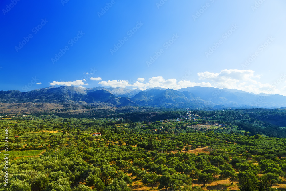 Green hills and mountains on the Greek island of Crete in Chania region on beautiful sunny day