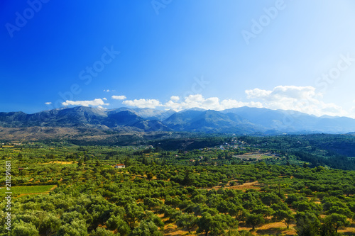 Green hills and mountains on the Greek island of Crete in Chania region on beautiful sunny day
