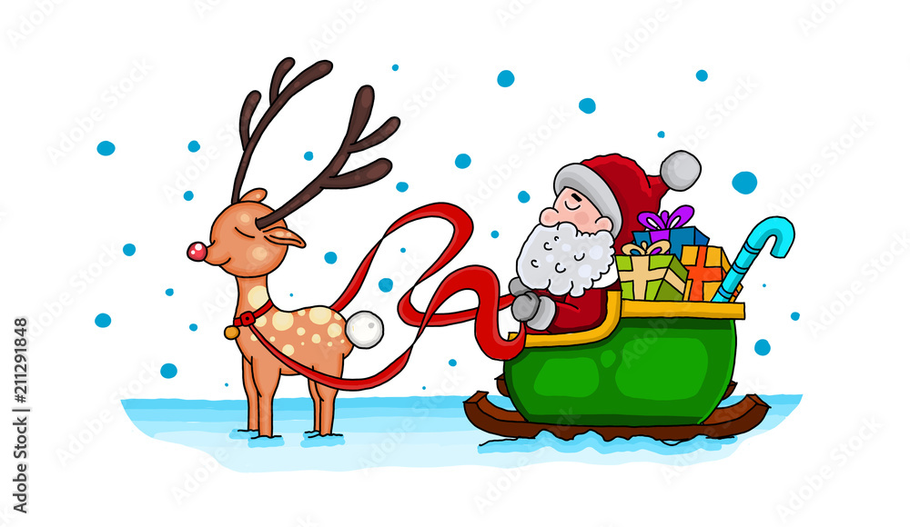 Ausmalbild Weihnachtsmann mit Schlitten koloriert Stock Illustration