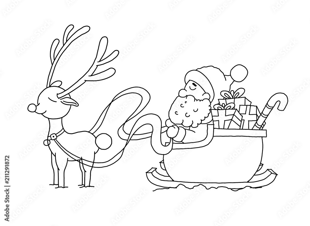 Ausmalbild Weihnachtsmann mit Schlitten Stock Illustration | Adobe Stock