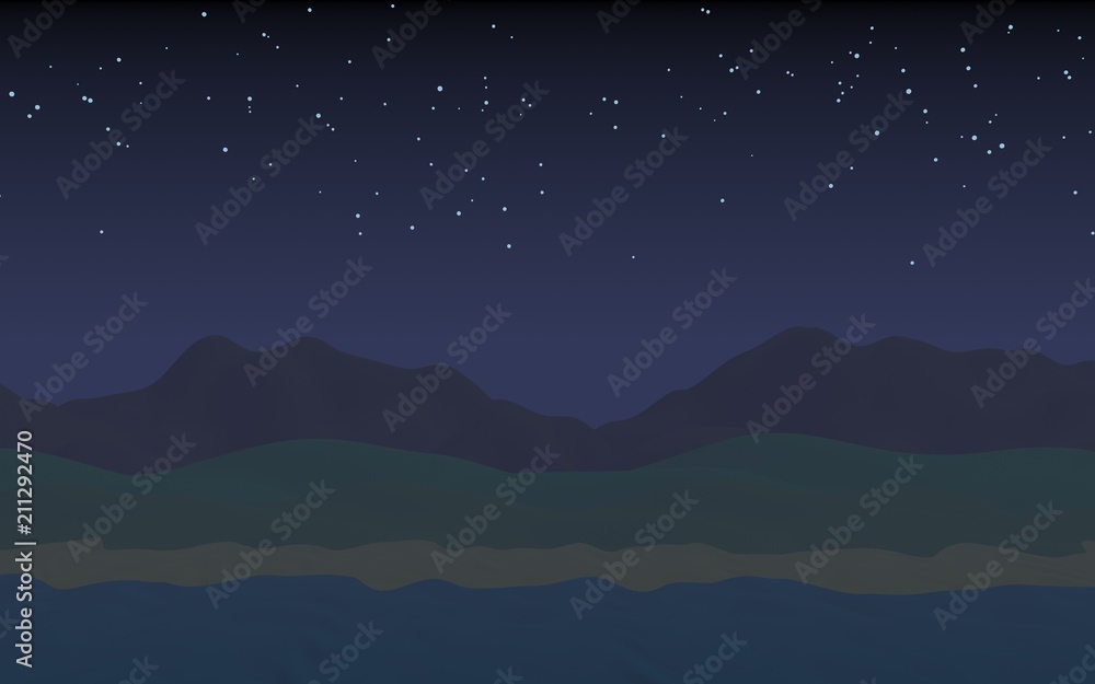 Starry moonless sky. Ocean shore line with waves on a beach. Island beach paradise with waves. Vacation, summer, relaxation. Seascape, seashore. Minimalist landscape, primitivism. 3D illustration Starry moonless sky. Ocean shore line with waves on a beach. Island beach paradise with waves. Vacation, summer, relaxation. Seascape, seashore. Minimalist landscape, primitivism. 3D illustration