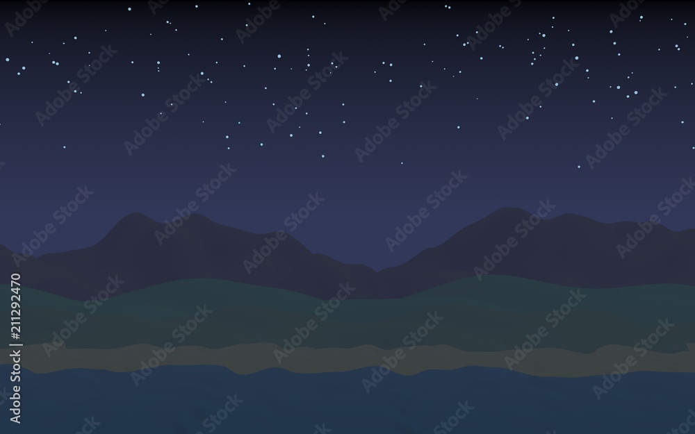 Starry moonless sky. Ocean shore line with waves on a beach. Island beach paradise with waves. Vacation, summer, relaxation. Seascape, seashore. Minimalist landscape, primitivism. 3D illustration