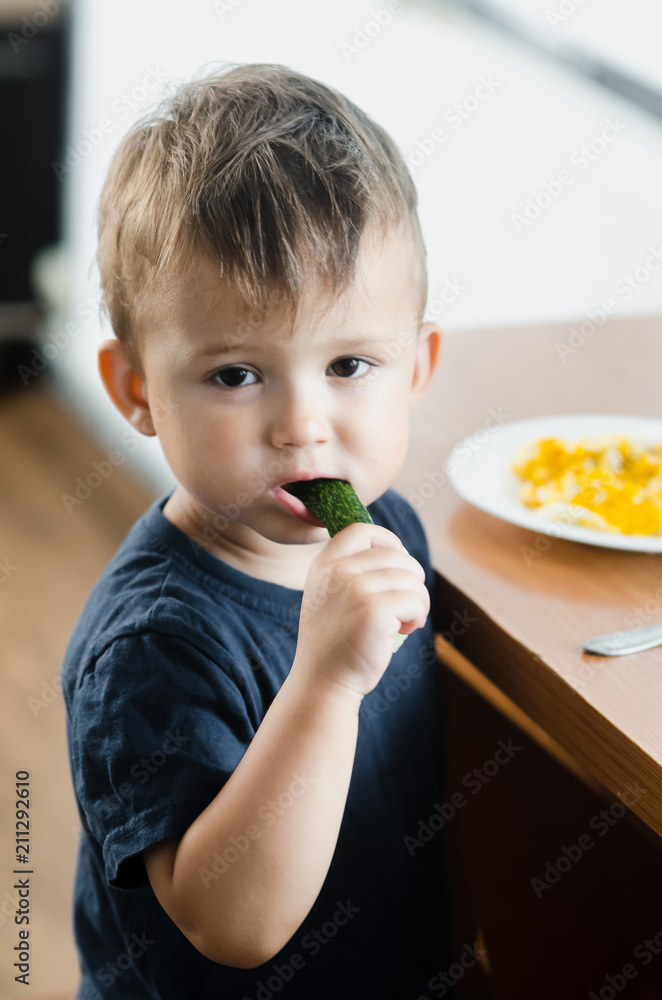the child in the kitchen eating fresh cucumber and omelet the child in the kitchen eating fresh cucumber and omelet