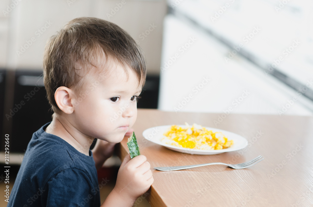 the child in the kitchen eating fresh cucumber and omelet the child in the kitchen eating fresh cucumber and omelet