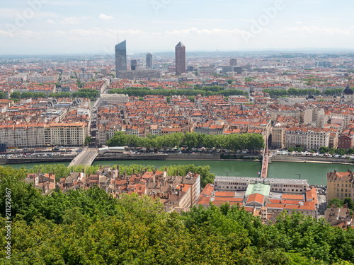 Aerial panoramic view of Lyon, France in a beautiful summer day. A lot of colors, may 2018 photo