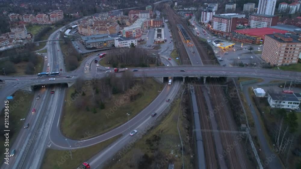 Drone shot of road junction overpass and suburban apartment buildings in Stockholm, Sweden Drone shot of road junction overpass and suburban apartment buildings in Stockholm, Sweden