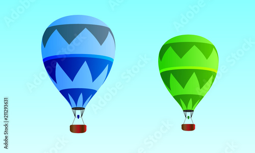 Blue and green hot air balloons travelling in the open sky vector illustration