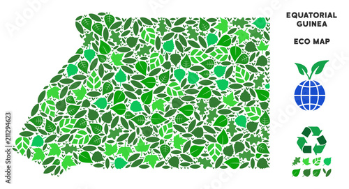 Eco Equatorial Guinea map mosaic of herbal leaves in green color tones. Ecological environment vector concept. Equatorial Guinea map is made from green herbal elements. Abstract area scheme.
