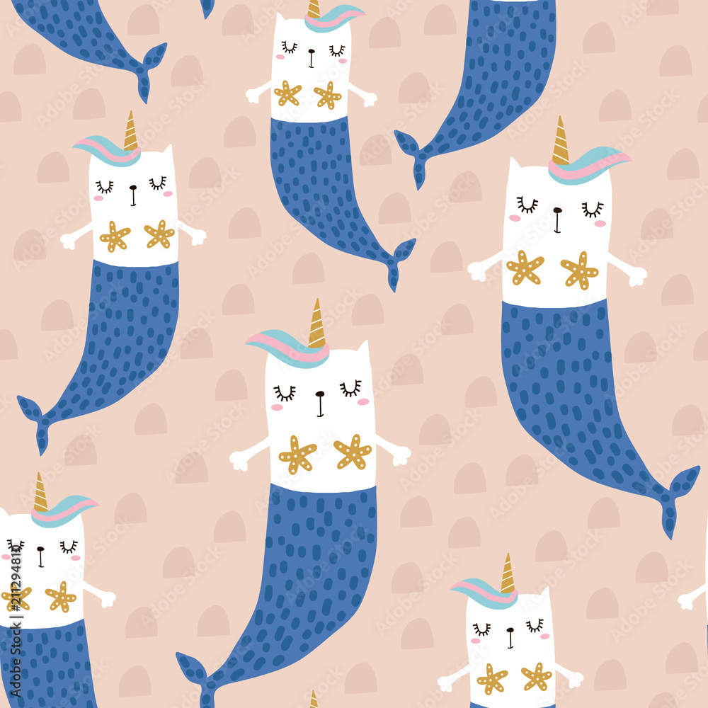 Magic cat mermaid with horn. Seamless childish pattern for apparel, fabric, textile.Vector illustration