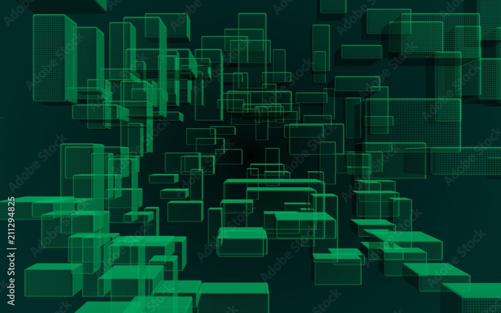 Green and dark abstract digital and technology background. The pattern with repeating rectangles. 3D illustration Green and dark abstract digital and technology background. The pattern with repeating rectangles. 3D illustration