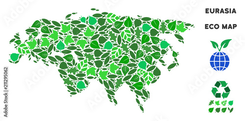 Ecology Eurasia map composition of herbal leaves in green color shades. Ecological environment vector template. Eurasia map is formed of green herbal items. Abstract territory plan.