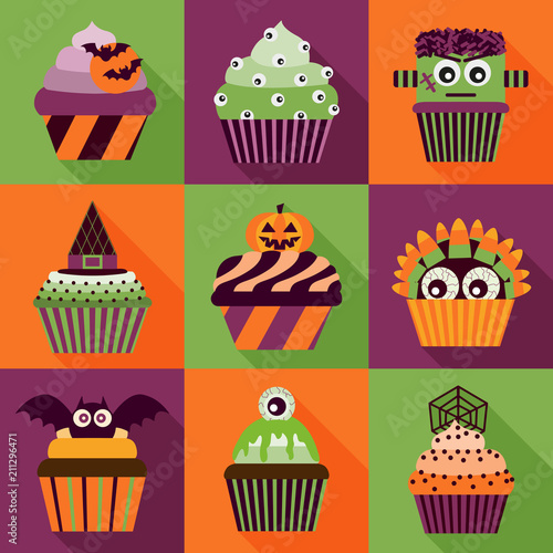 Halloween cupcakes icons with long shadow. Scary sweets collection. Decorated spooky chocolate monster muffins with cream. Pumpkin cakes halloween party poster. Trick or treat creepy food icon set.