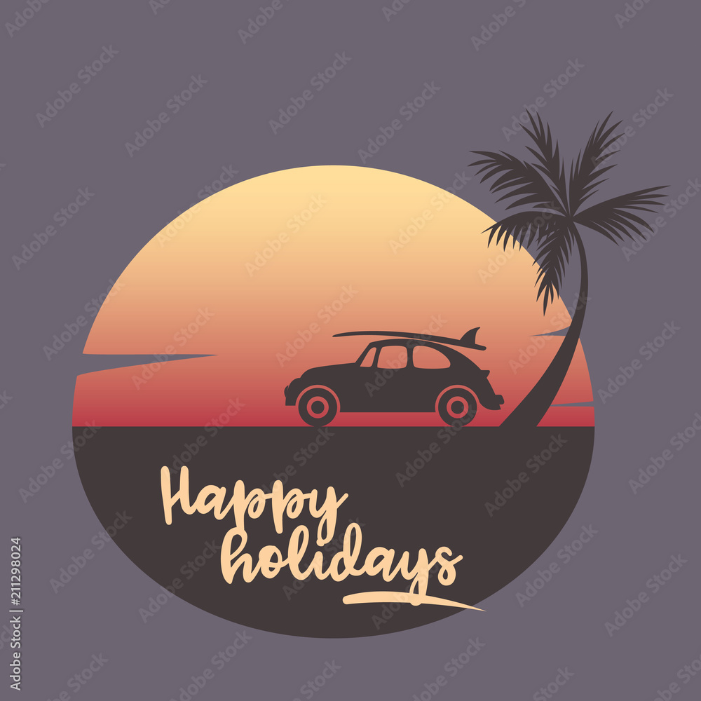 Classic Car under a Palm Tree on the Beach. Holiday evening banner illustration