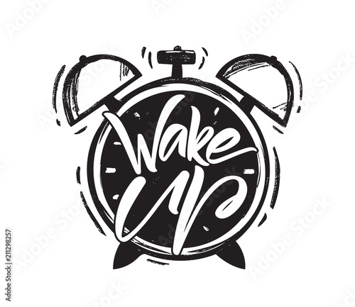 Vector illustration: Handwritten brush type lettring of Wake Up with hand drawn Alarm Clock on white background.