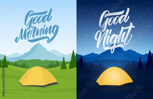 Vector illustration: Set of two mountains landscape with tent camp, hand lettring of Good Morning and Good Night.
