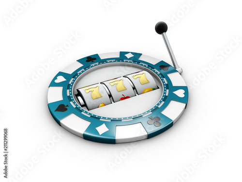 Casino chips and slot machine with lucky sevens jackpot. 3d illustration photo