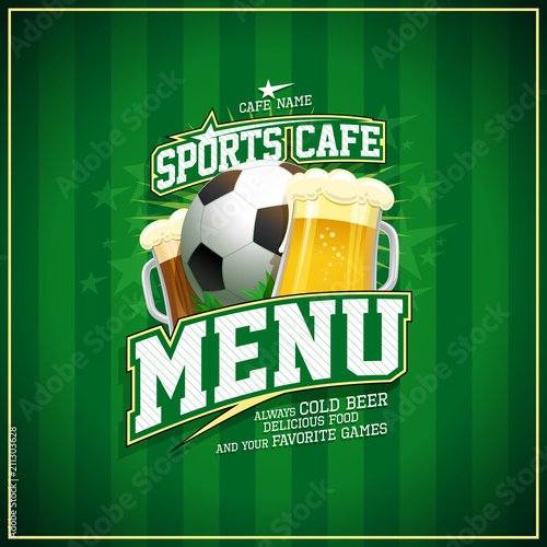 Sports cafe menu cover, football ball and beer