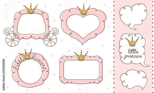 Set of cute doodle mirrors. Princess vector element of design. Pink frames with crown, tiara. Sketch hand drawn. Child's picture. Invitation birthday template. Baby shower girl card. Decorative border