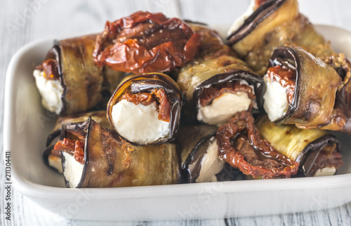 Aubergine rolls with cream cheese and sun-dried tomatoes