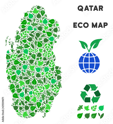 Eco Qatar map composition of herbal leaves in green color tones. Ecological environment vector template. Qatar map is done with green herbal items. Abstract geographic plan.