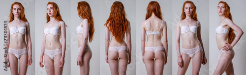 Collage snap red hair models. Beautiful slim tanned woman in white underwear, with no retouching on gray background