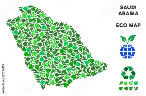Ecology Saudi Arabia map collage of herbal leaves in green color variations. Ecological environment vector concept. Saudi Arabia map is made from green herbal icons. Abstract territory plan.