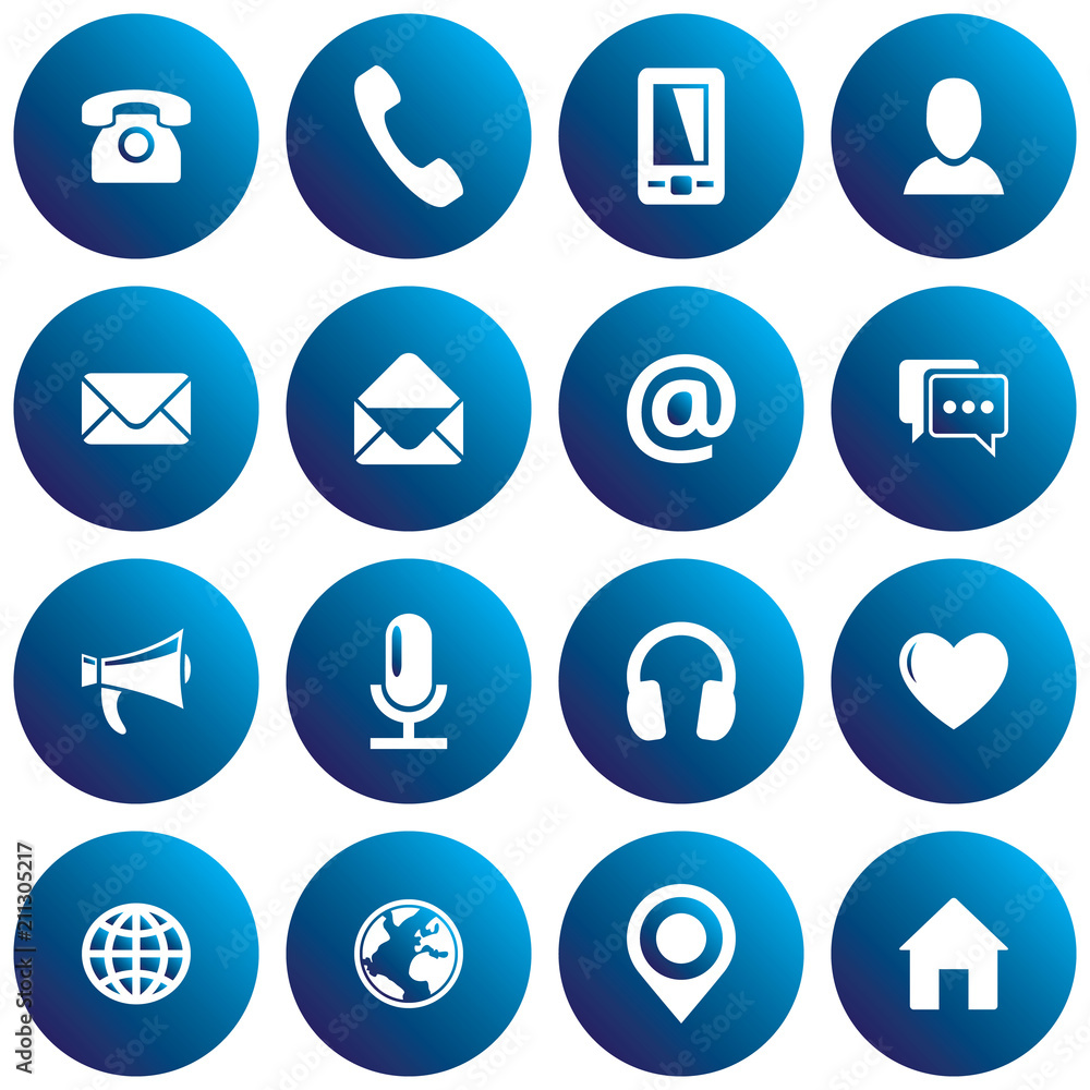 Blue spherical communication icon set. Vector images for business, mobile, web: phone, mobile, profile, mail, envelope, location, web, chat, microphone, headphones, megaphone, home
