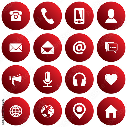 Red spherical communication icon set. Vector images for business, mobile, web: phone, mobile, profile, mail, envelope, location, web, chat, microphone, headphones, megaphone, home